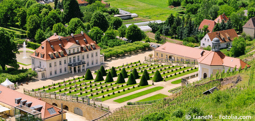 Das Schloss Wackerbarth mit seinen Weinbergen umgeben von Mietwohnungen in Radebeul.